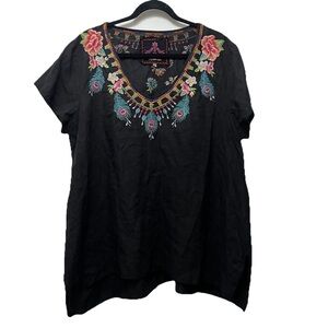 Johnny Was Short Sleeve Linen Embroidered Tunic Top XL Black Floral Peacock